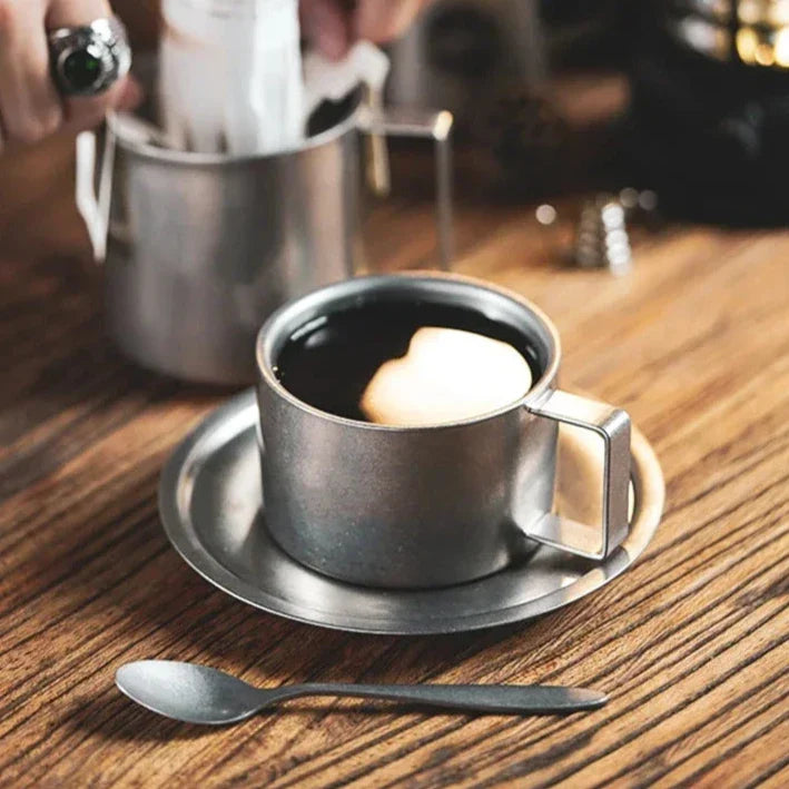 Stainless Steel Coffee Cup With Matching Saucer & Spoon