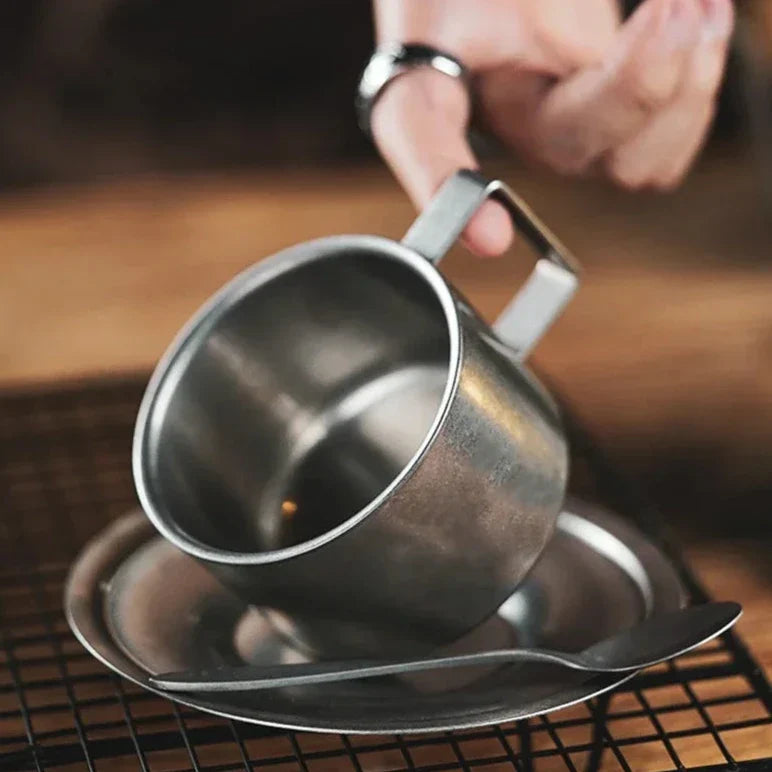 Stainless Steel Coffee Cup With Matching Saucer & Spoon