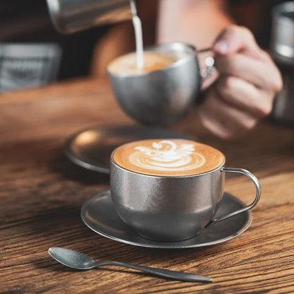 Stainless Steel Coffee Cup With Matching Saucer & Spoon