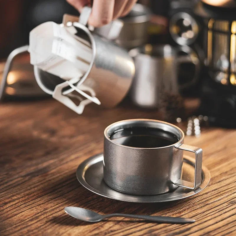 Stainless Steel Coffee Cup With Matching Saucer & Spoon