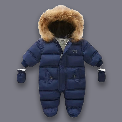 {UITVERKOOP} Gewatteerd sneeuwpak met fleece bontvoering marineblauw 6-9 maanden