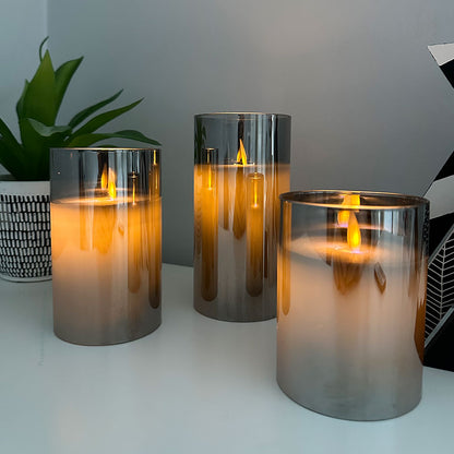 Set Of 3 - Flameless Pillar Candles With Smokey Gray Casing